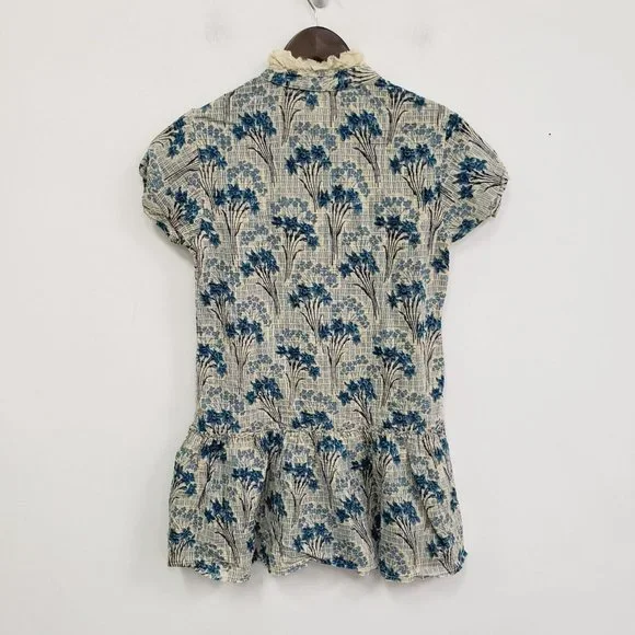 Free People Womens Boho Ruffle Tunic Top Size XS Blue Button Floral Short Sleeve - Picture 3 of 13